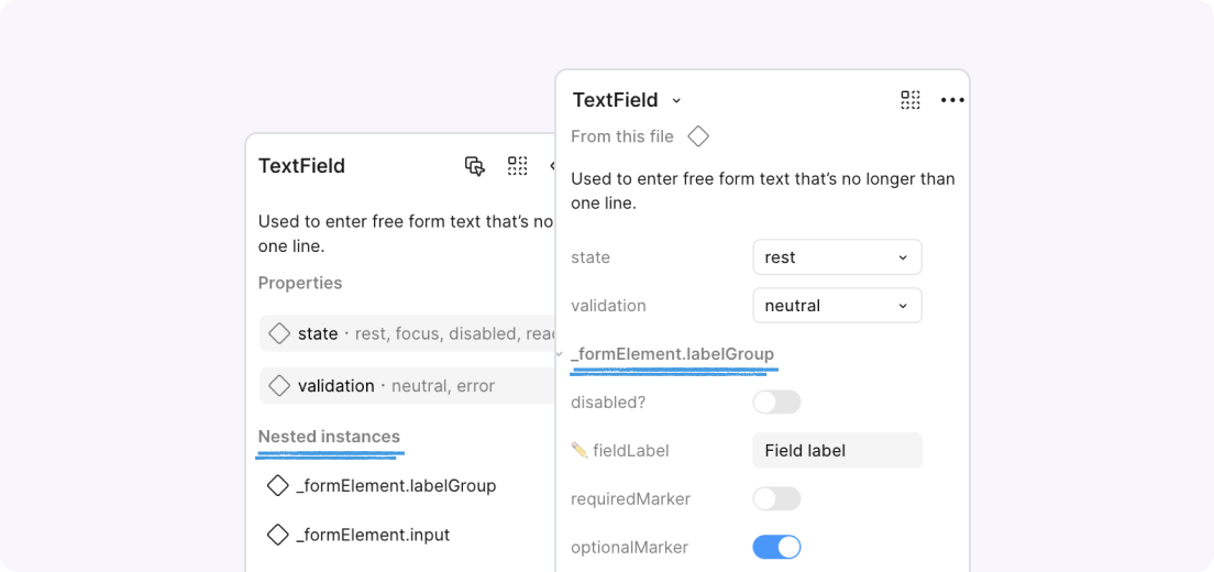 Figma’s UI showing a list of nested instances for a component (labelGroup and input for a TextField) and their exposed properties.