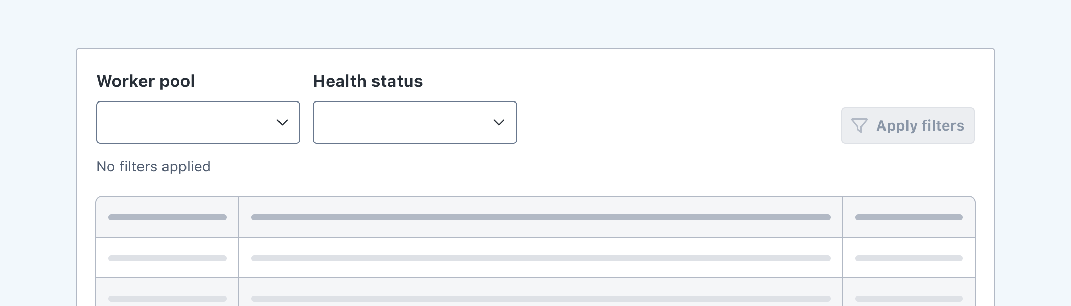 High fidelity wireframe showing fake UI of a table with two Selects above it and a button with "Apply filters" label.
