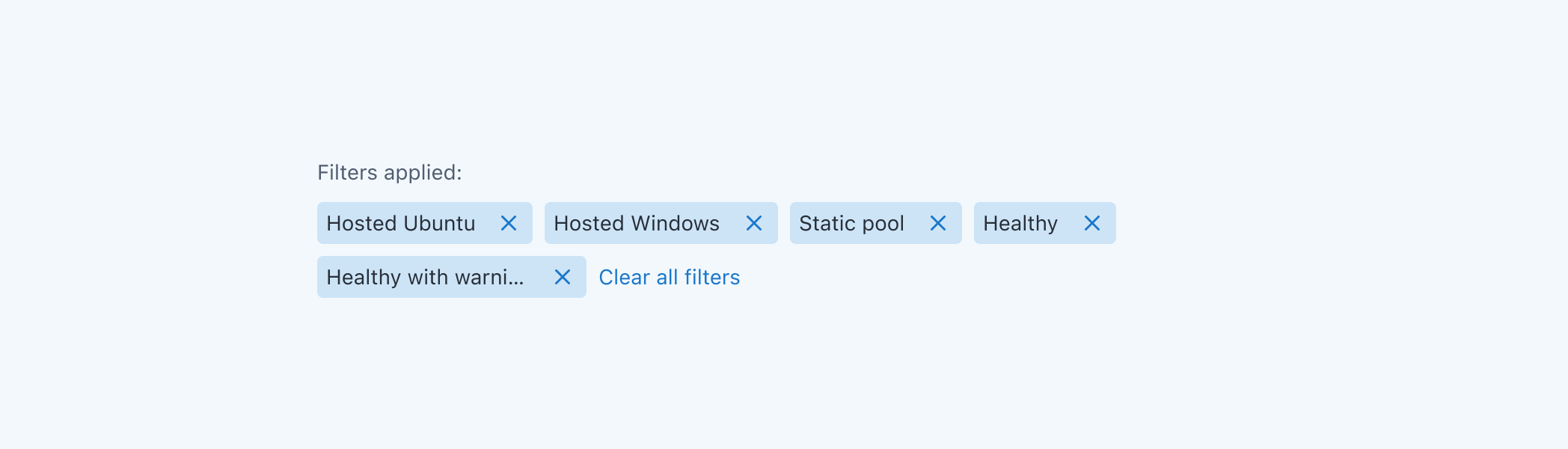 A section visualizing applied filters with the option to clear them all or individually.