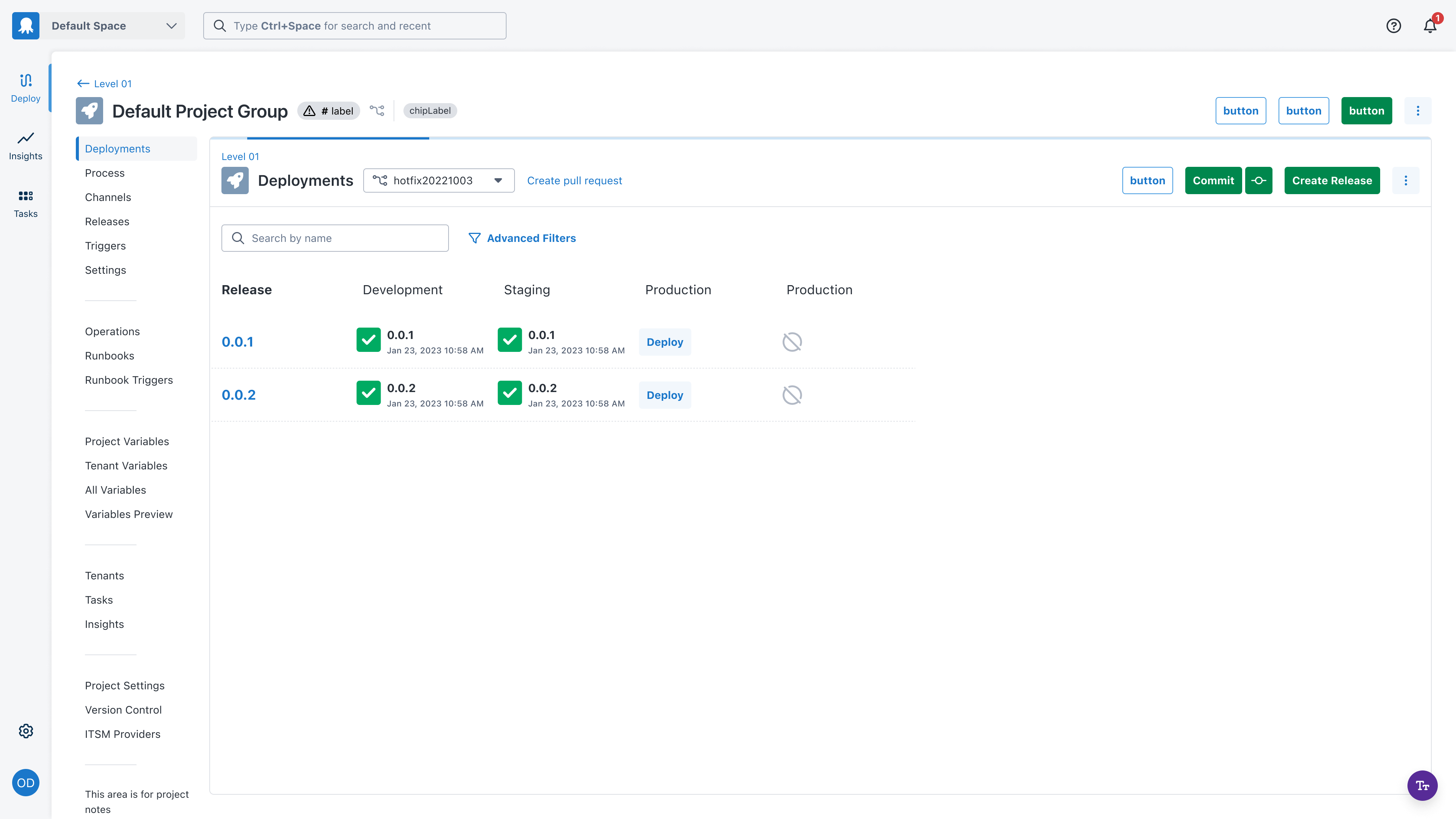 Projects / Project / Deployments