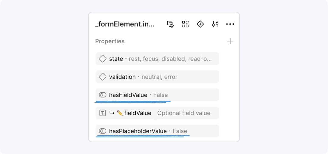 Figma’s UI showcasing a component with Boolean properties called "hasFieldValue" and "hasPlaceholderValue".