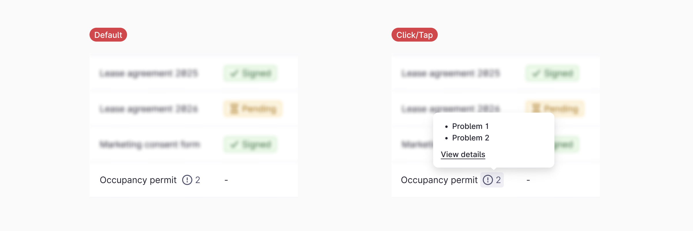 Clicking the Status Indicator opens a Popover with extended, accessible context.
