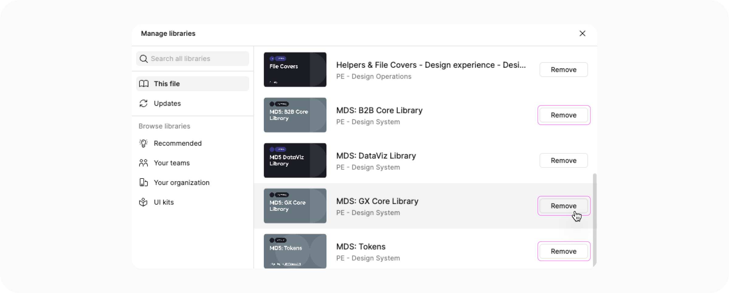 If the libraries are still connected to the file, click Remove on the Libraries panel to disconnect them.