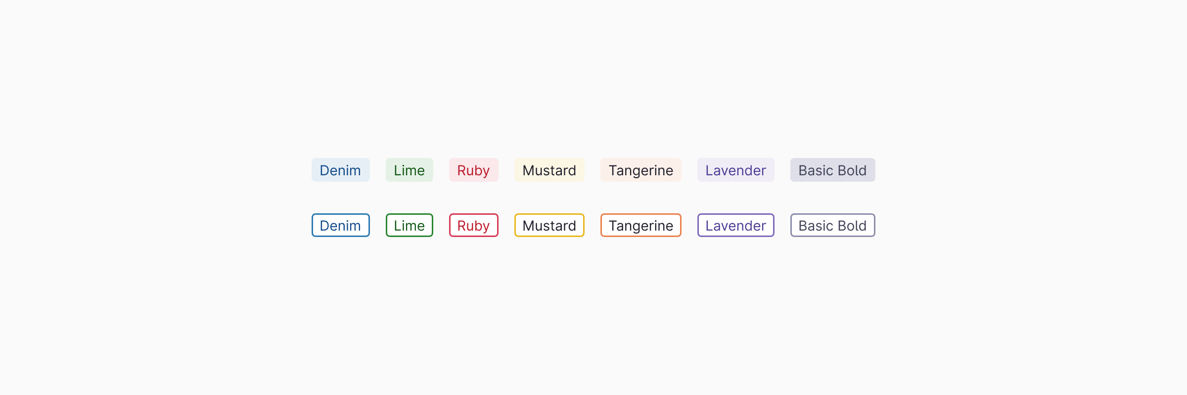 Current categorical variants include: Denim, Lime, Ruby, Mustard, Tangerine, Lavender, Basic Bold.