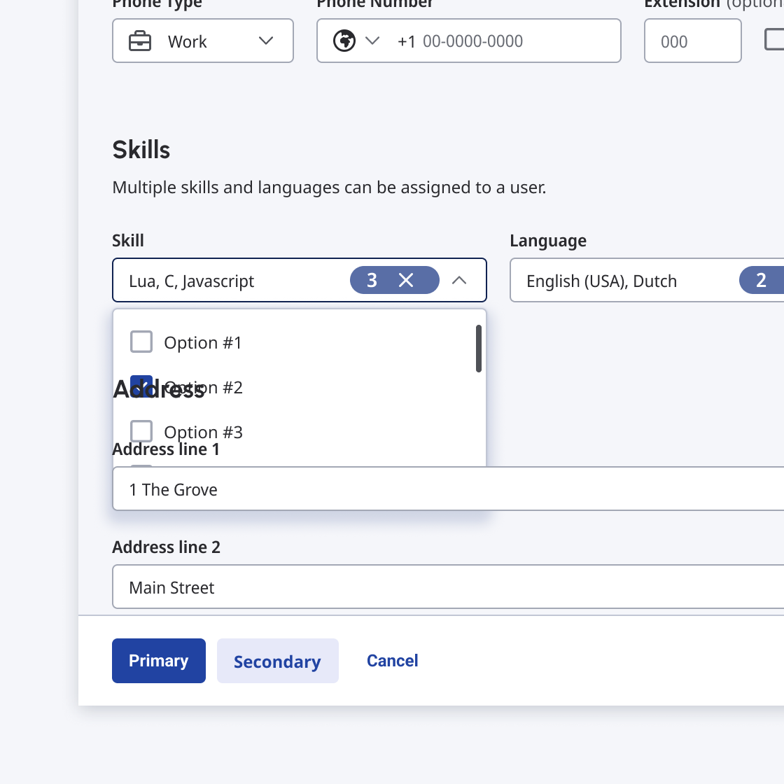 Skills multi-select dropdown with multiple items selected and dropdown showing checked options.