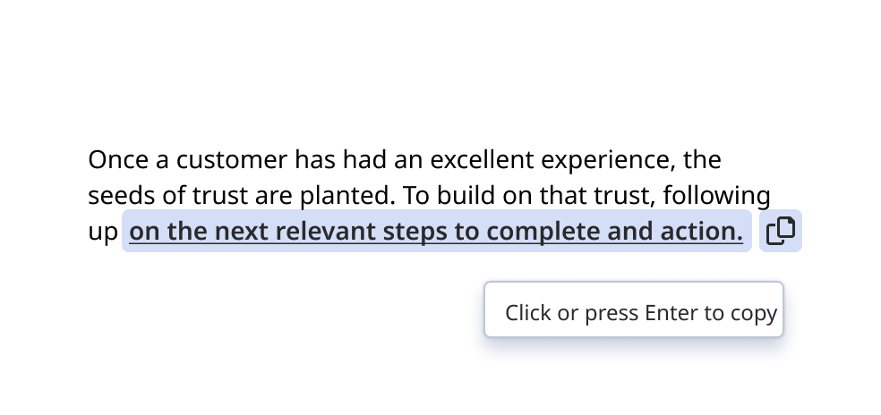 Paragraph with a highlighted text snippet and a copy-to-clipboard button.