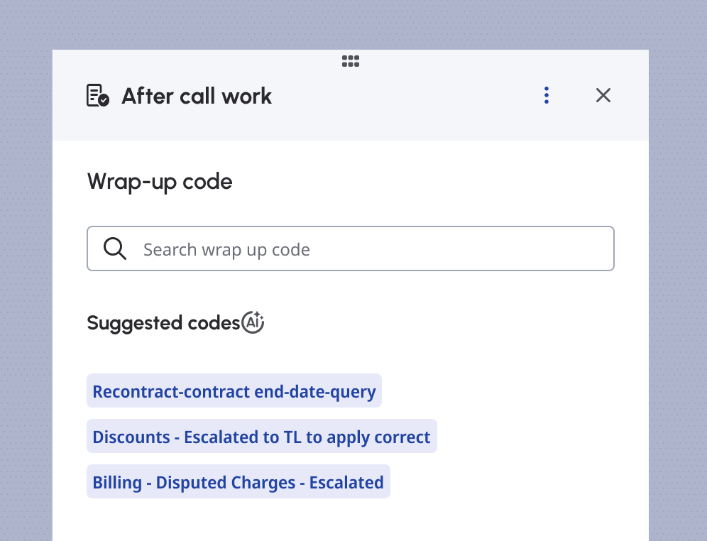 After-call work panel with wrap-up code search and AI-suggested code button options without sparkles.