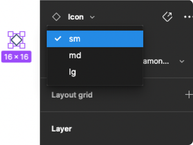2. The default variant is a 16px diamond that designers can change the size using the properties panel.