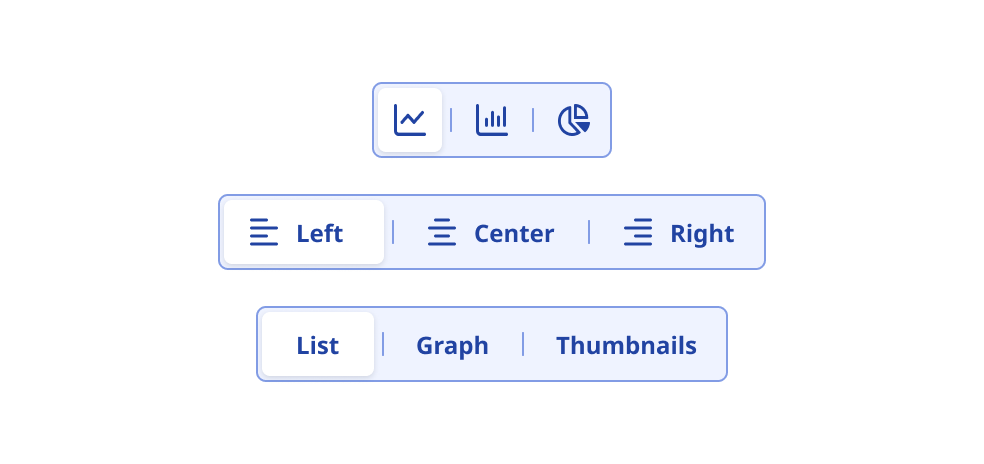 Three consistent segmented controls, icon-only, icon+text, or text only per control.