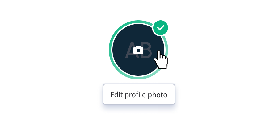 Avatar on hover brings up a camera icon that indicates the option to change it. 