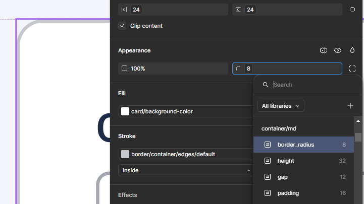 Applying a border-radius variable in Figma.