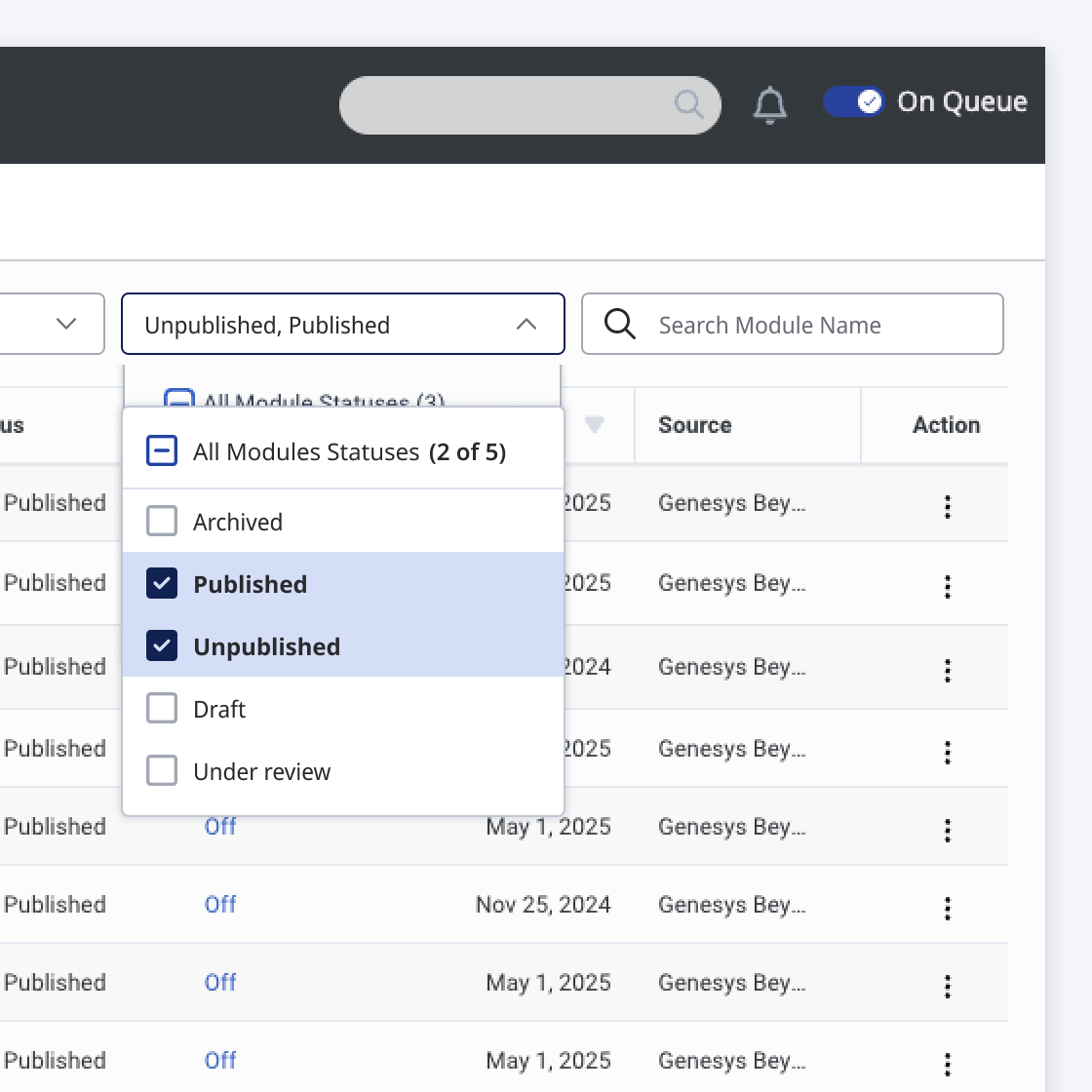 Multi-select dropdown with number of options selected visible in the 'select all' option, which is represented with a half-selected checkbox.