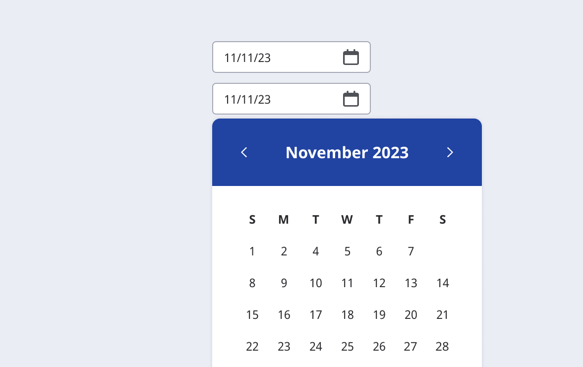 Date picker with single-month calendar open below stacked date inputs.