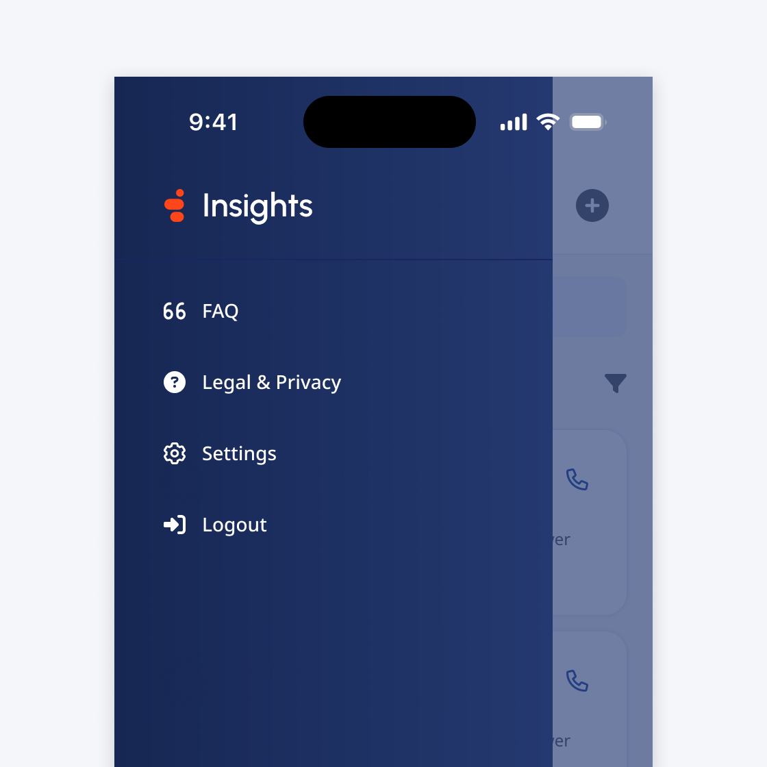 Mobile side menu with Bold-g logo and app name as the title.