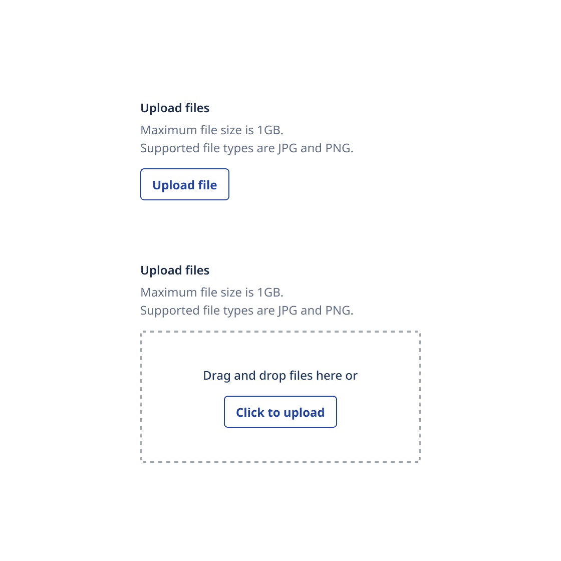 File upload indicating what actions will do, such as 'click to upload'.