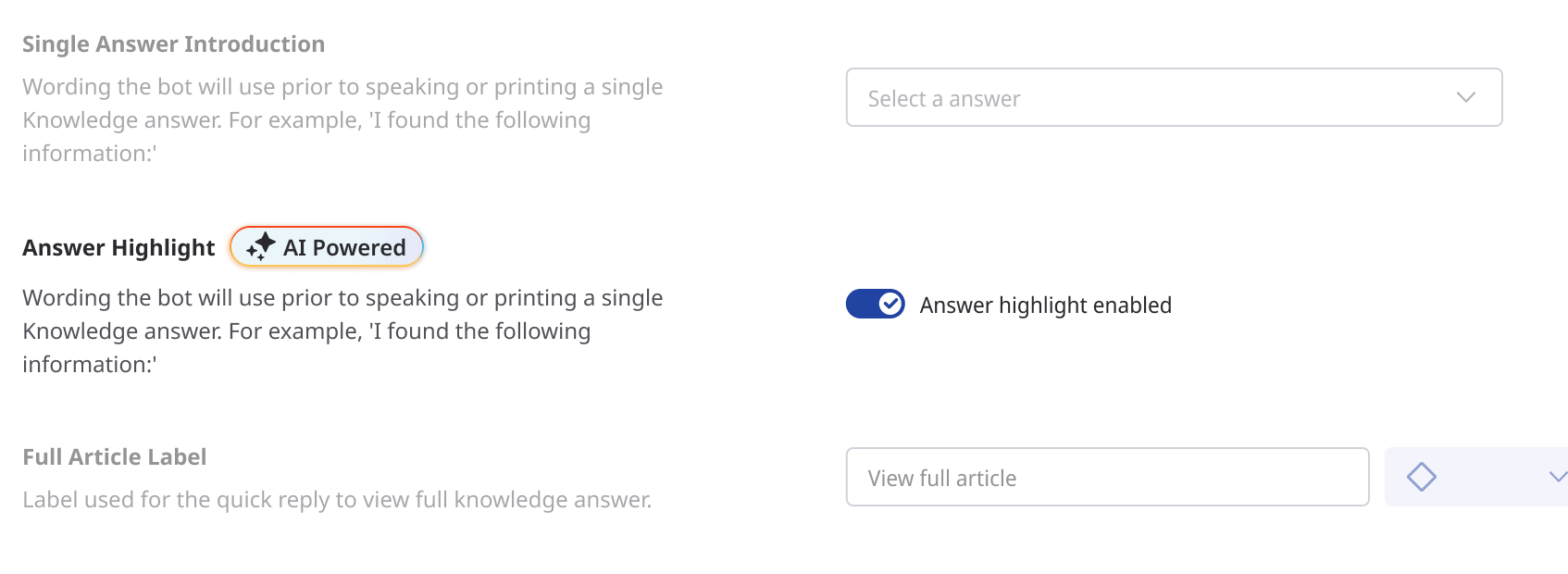 Settings panel using the AI badge to highlight an option.