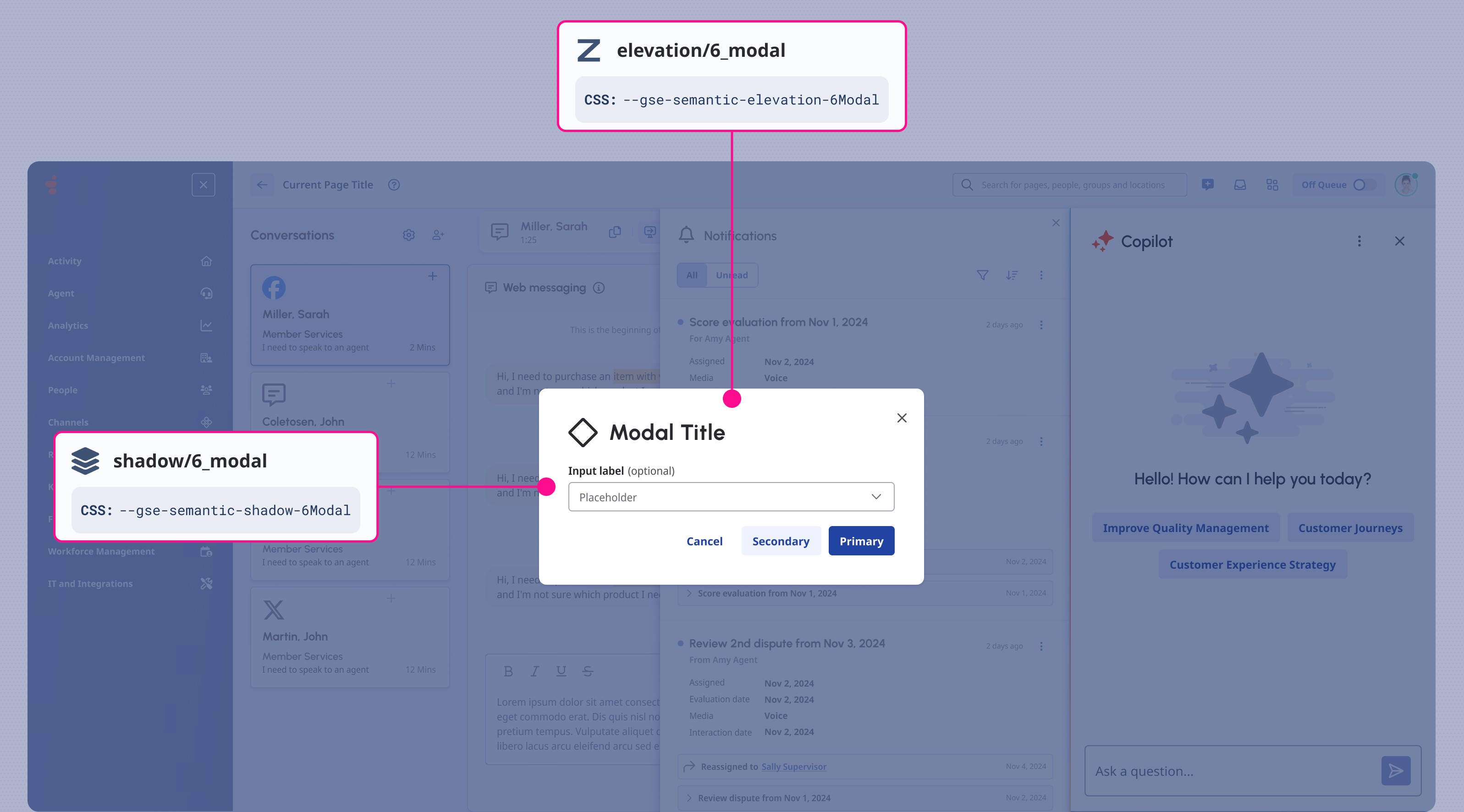 A Modal using its Shadow style and Z-Index value.
