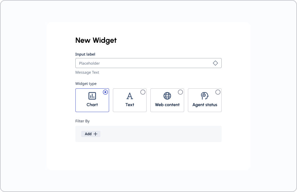 Example of a widget containing an input field, selector cards for widget type, and filter tags.