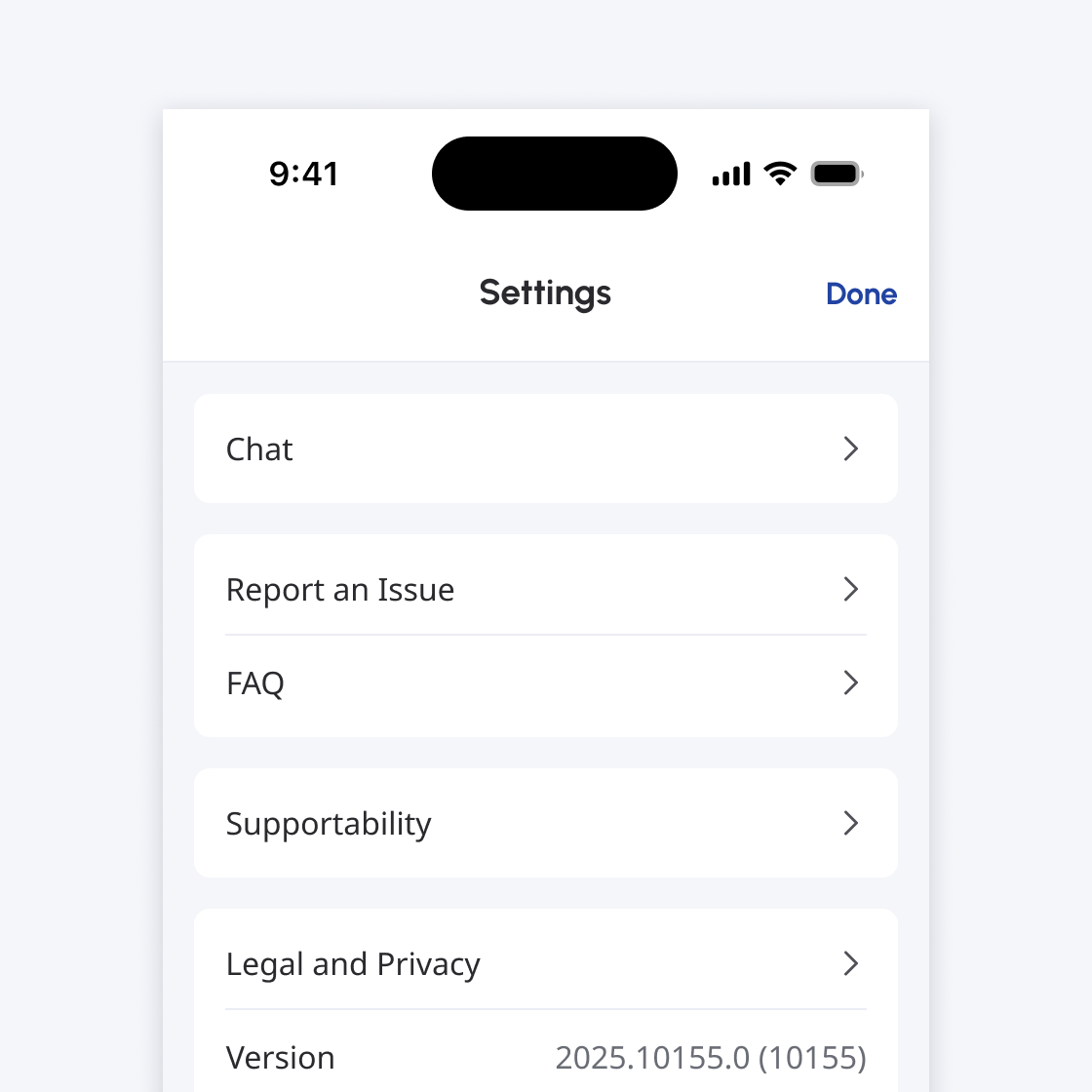 Top navbar with action button 'done'.