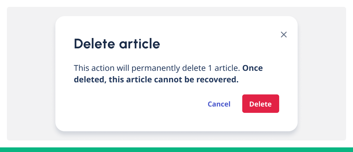 Confirmation dialog pop-up card for deleting an article with title and important words in the body text bolded.