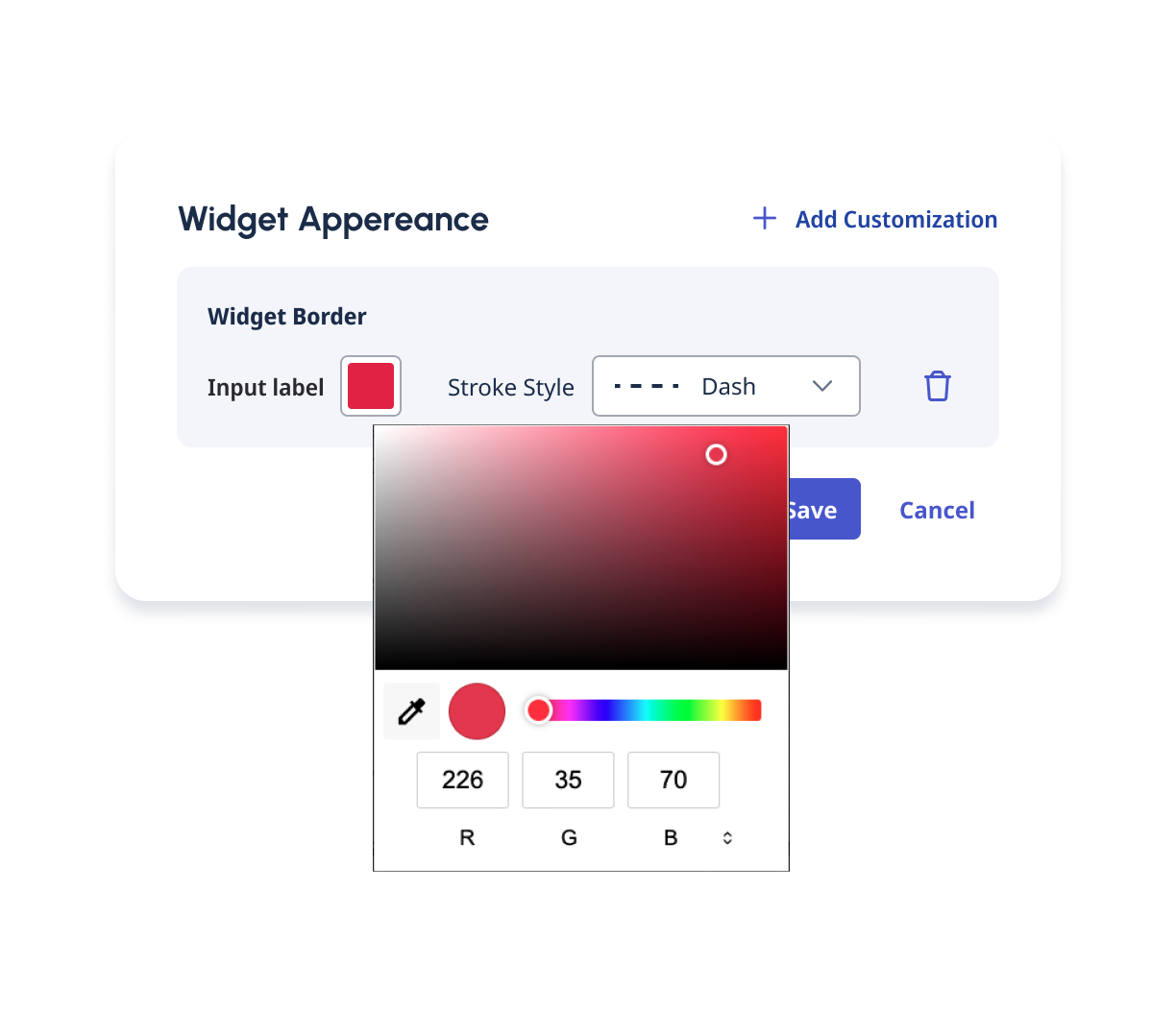 Color picker example for widget border customization using Chrome.