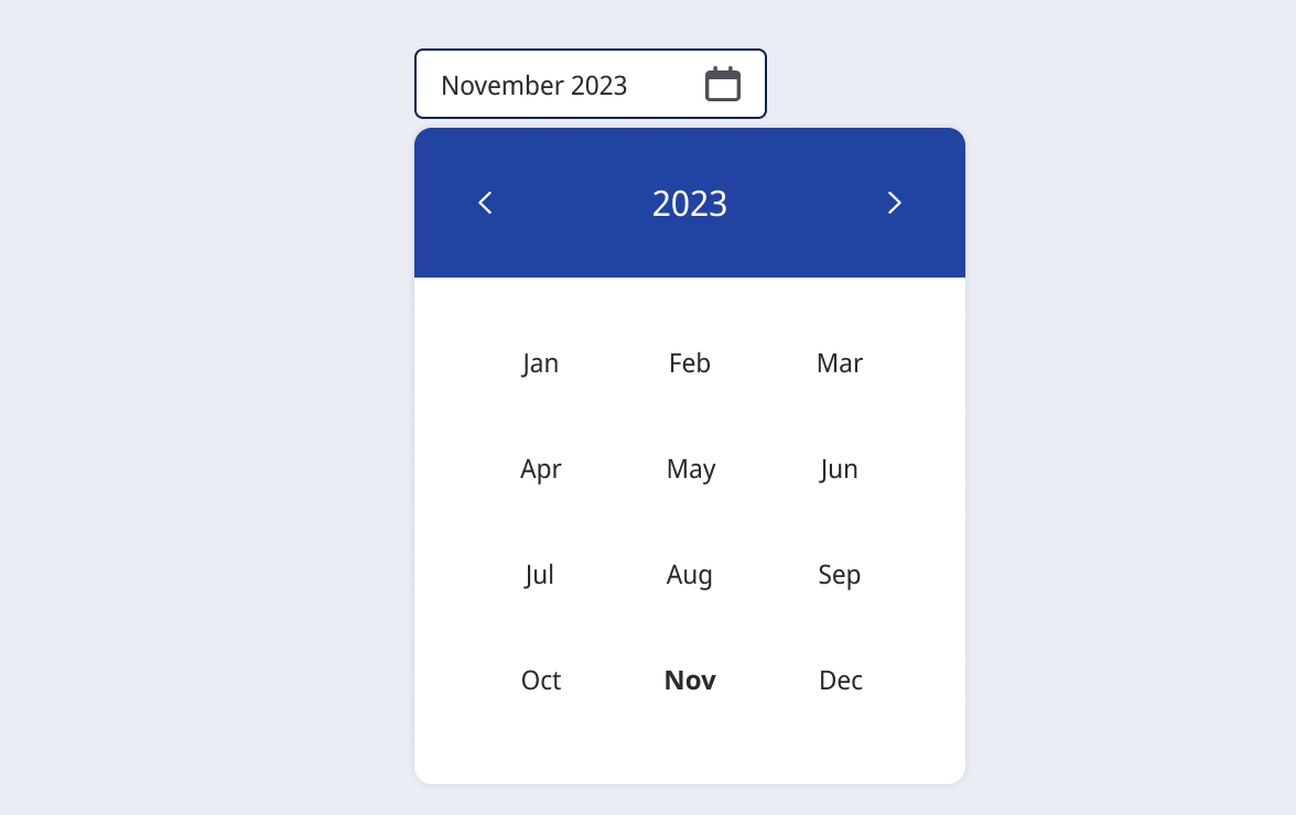 Month picker showing all months of the selected year with November selected.