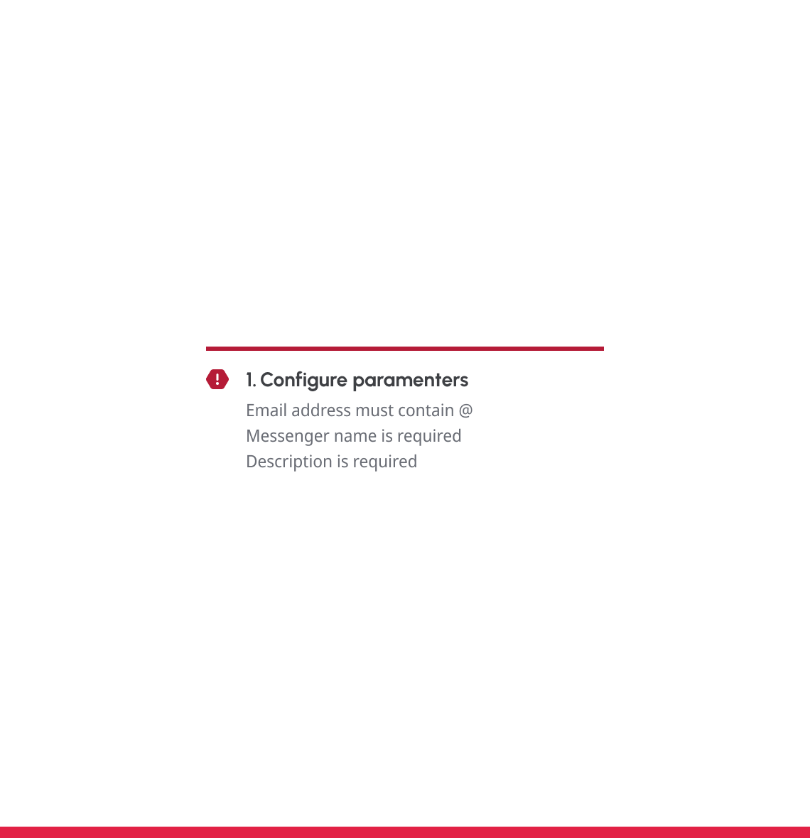 Error helper text stating 'Email address must contain @, Messenger name is required, and description is required'.