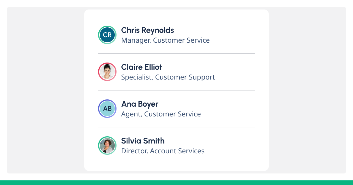 User list displaying names, roles, and avatars with roles and names in capital case.