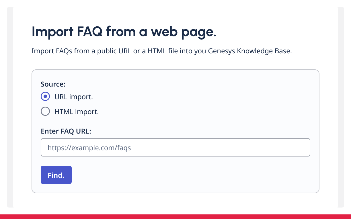 FAQ import form with URL option selected and input field for entering a web address, all text with periods.
