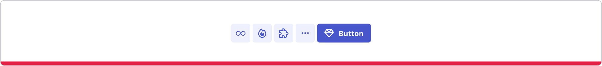 A horizontal UI toolbar showing several secondary icon-only buttons followed by a highlighted primary button labelled “Button” indicating the default interactive state.