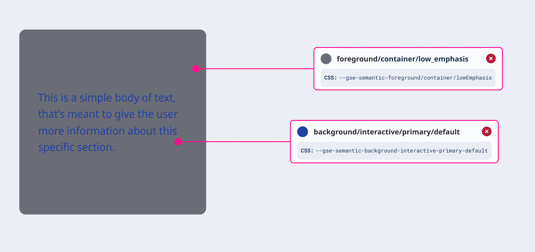 Text block demonstrating semantic color tokens, highlighting a background token used for text and a foreground token used for the background.