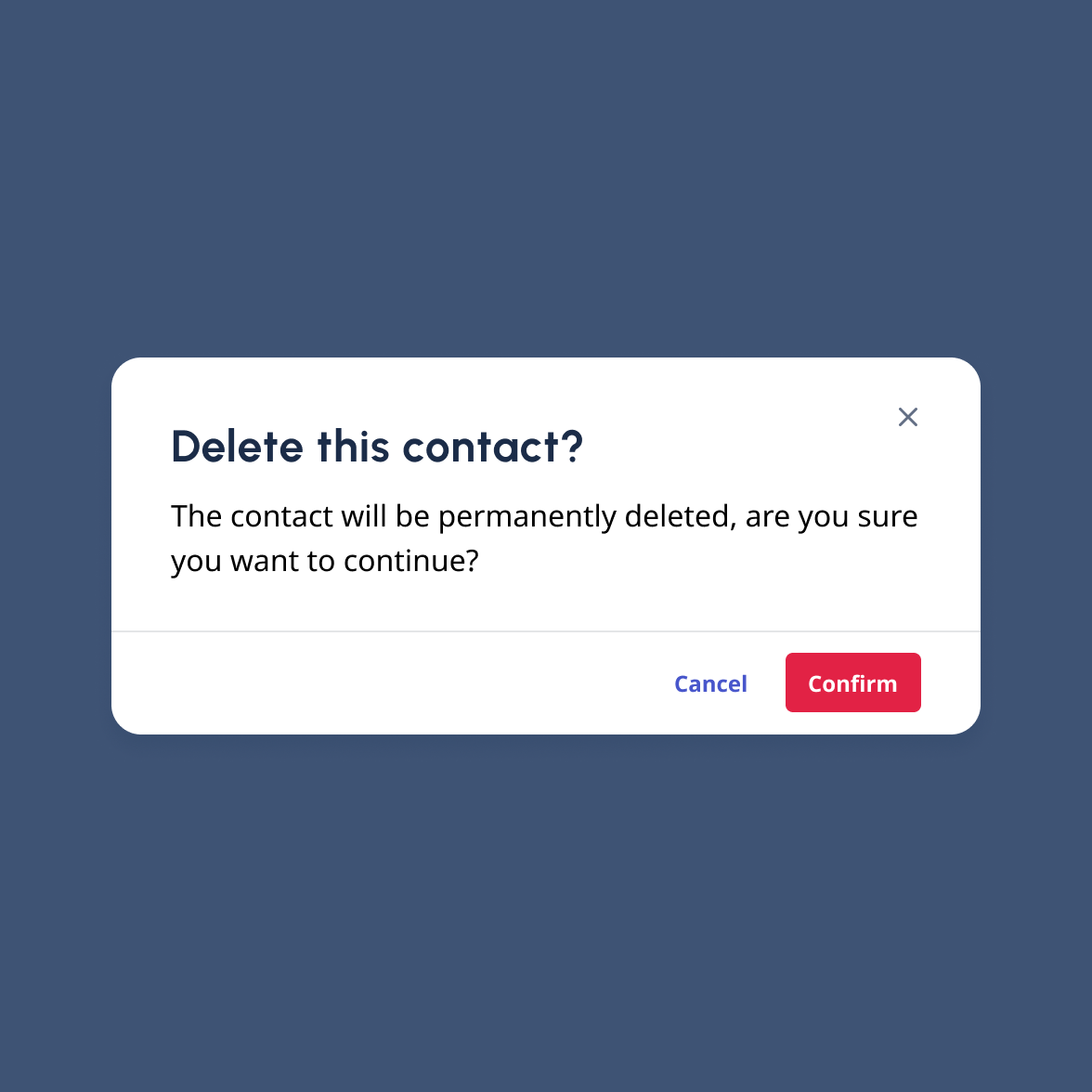 Modal to delete a contact with buttons stating 'Cancel' and 'Confirm'.