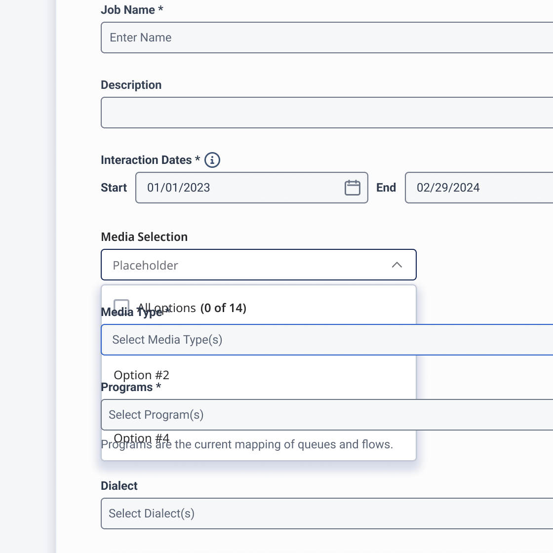 Multi-select dropdown with a select-all function stating 'All options (0 of 4)'