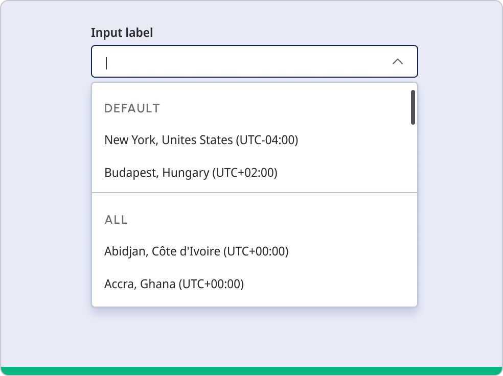 Dropdown input field with subsections.
