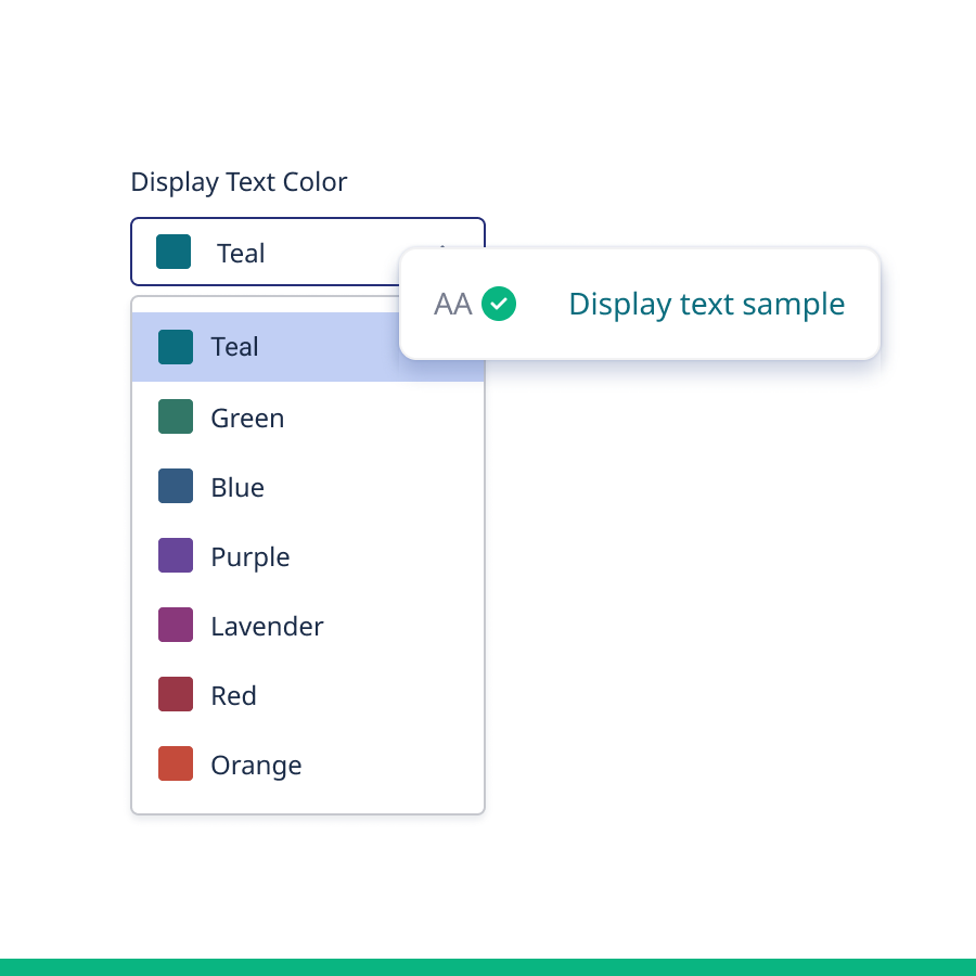 Colour selection dropdown with teal chosen and accessibility contrast indicator showing text that colour will pass.