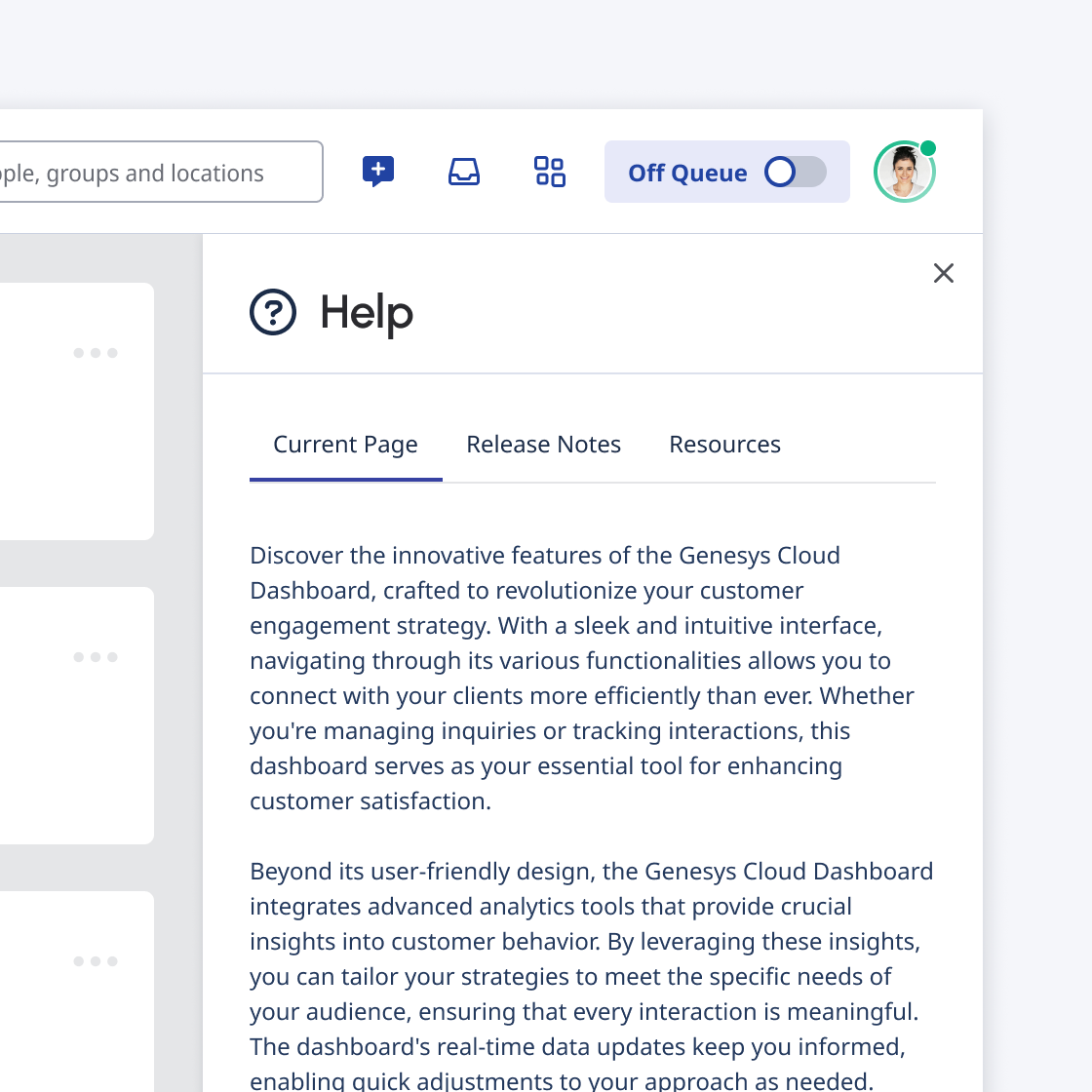 Side panel with title divided and tabs + content below.
