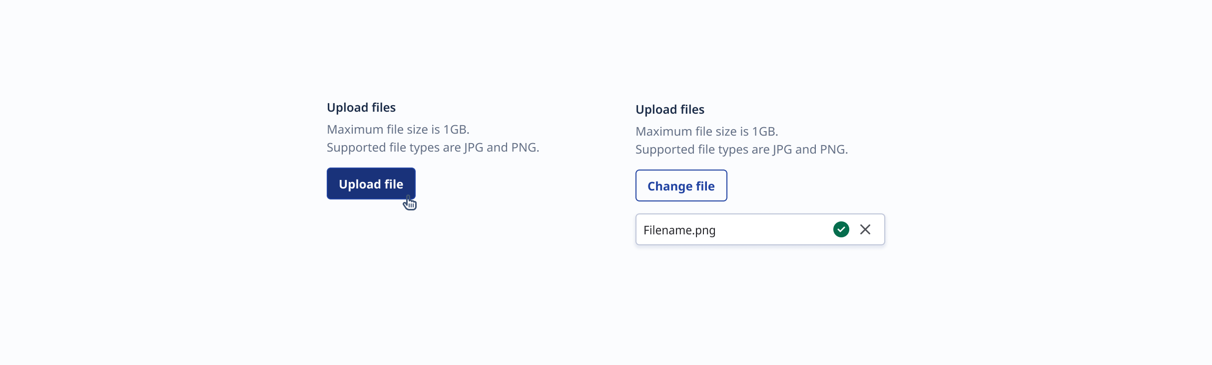 File upload CTA that allows only one file changes from a primary 'Upload file' to a tertiary 'Change file' button.