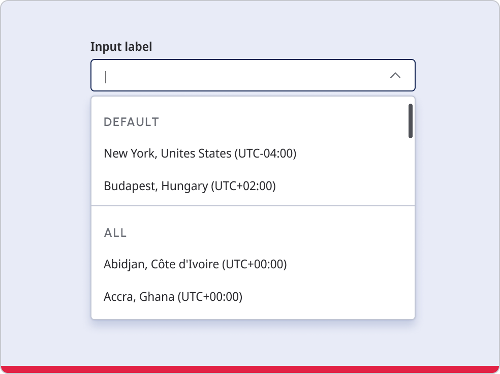 Dropdown input field with subsections.