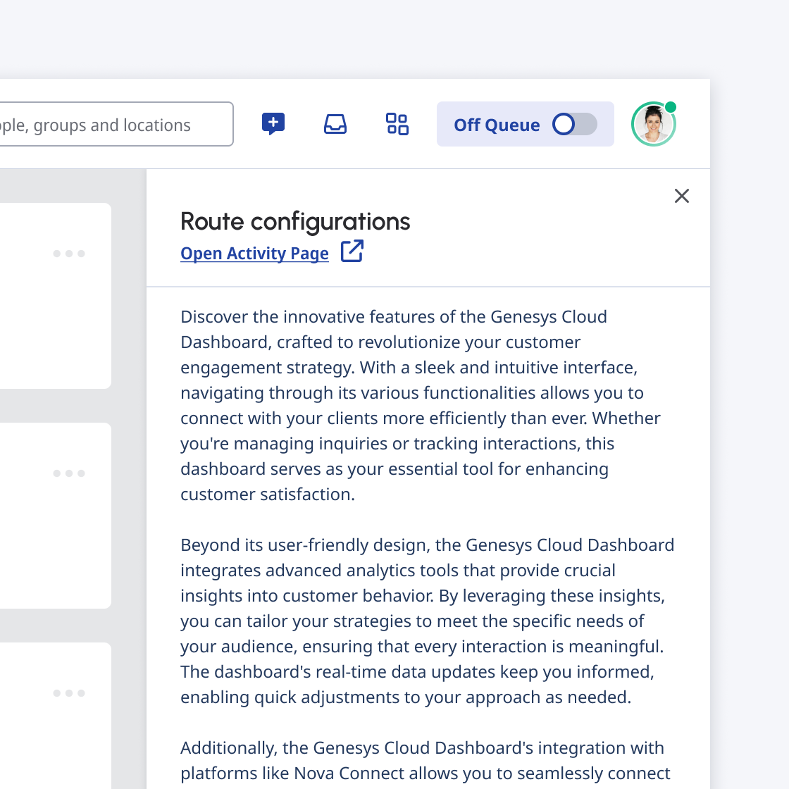 Side panel with link stating 'open activity page'. 
