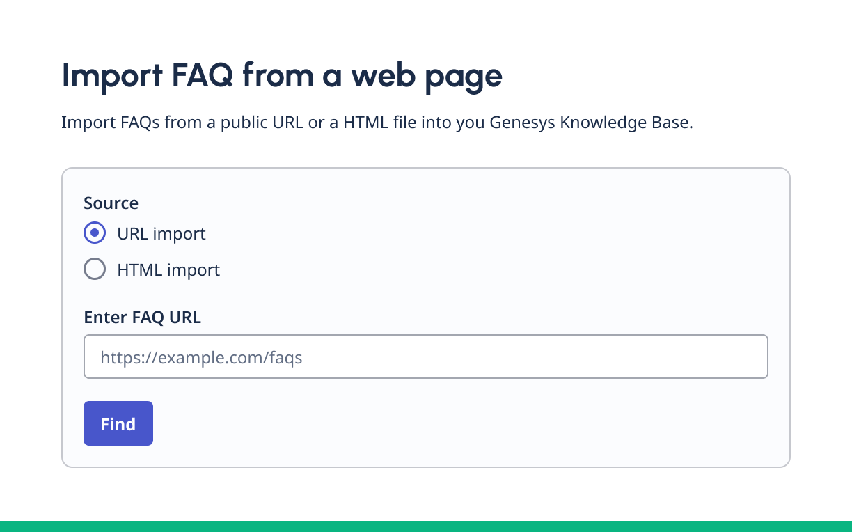 FAQ import form with URL option selected and input field for entering a web address with all acronyms capitalised.