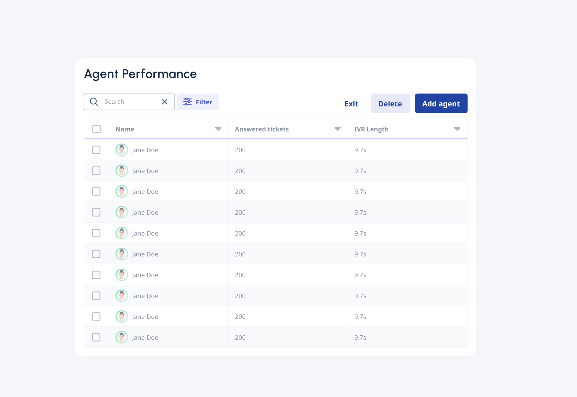 Table toolbar including CTA's