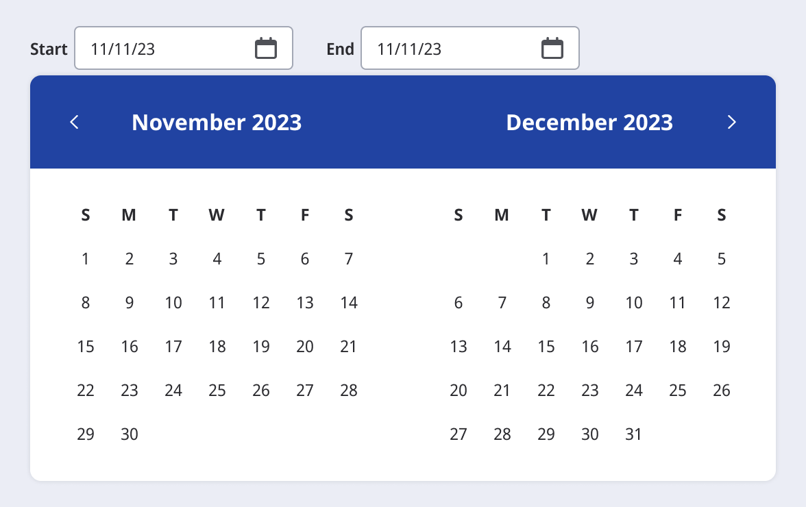 Date range picker showing start and end input fields with two-month calendar view open.