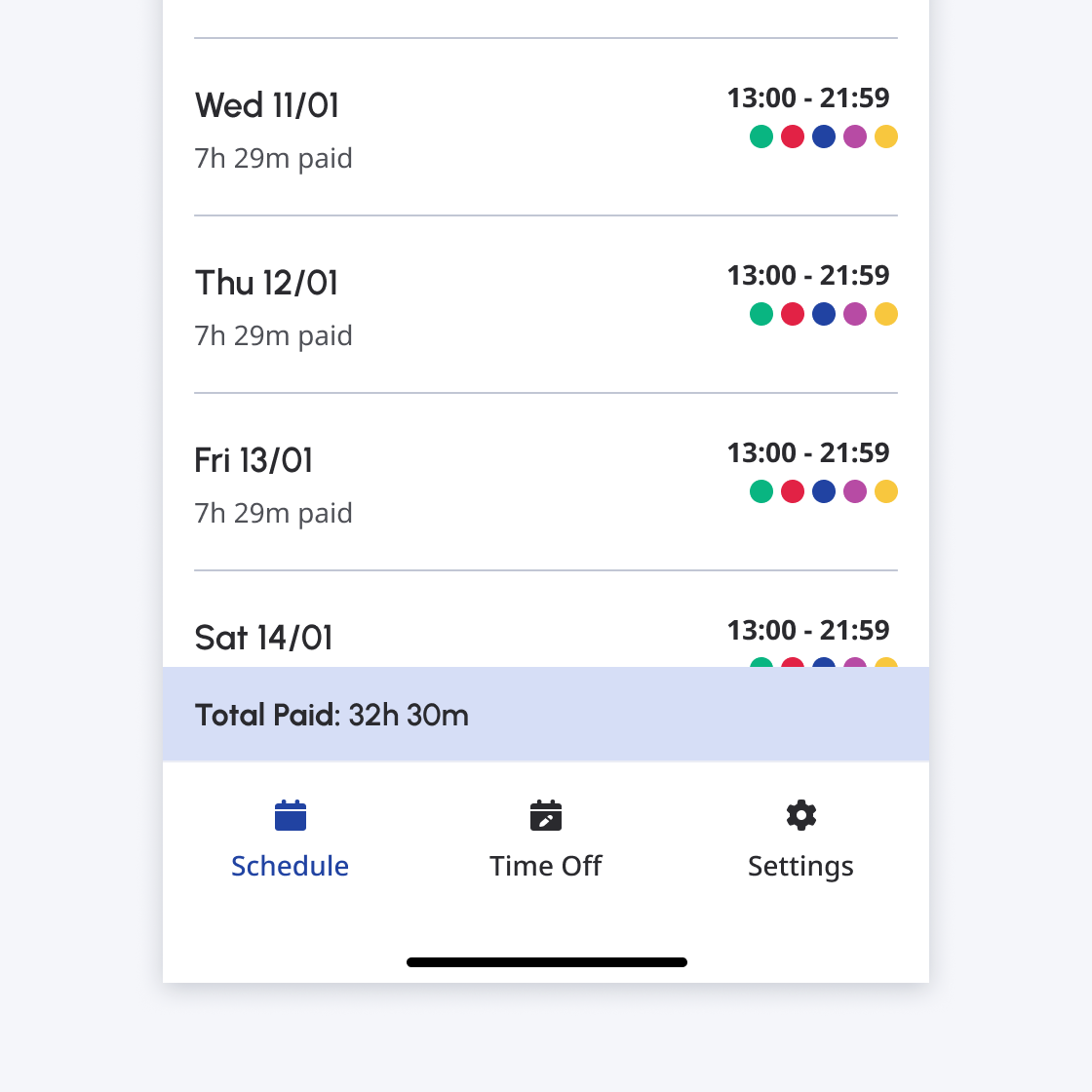Bottom tabset with options including schedule, time off and settings.