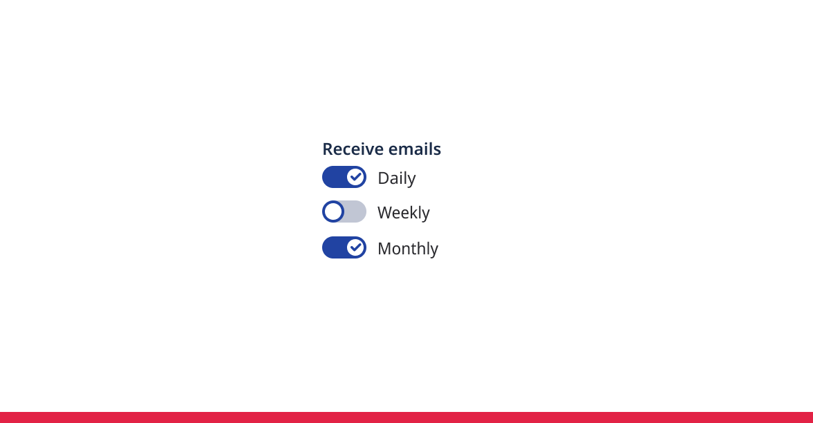 Toggles for email frequency with daily and monthly enabled.