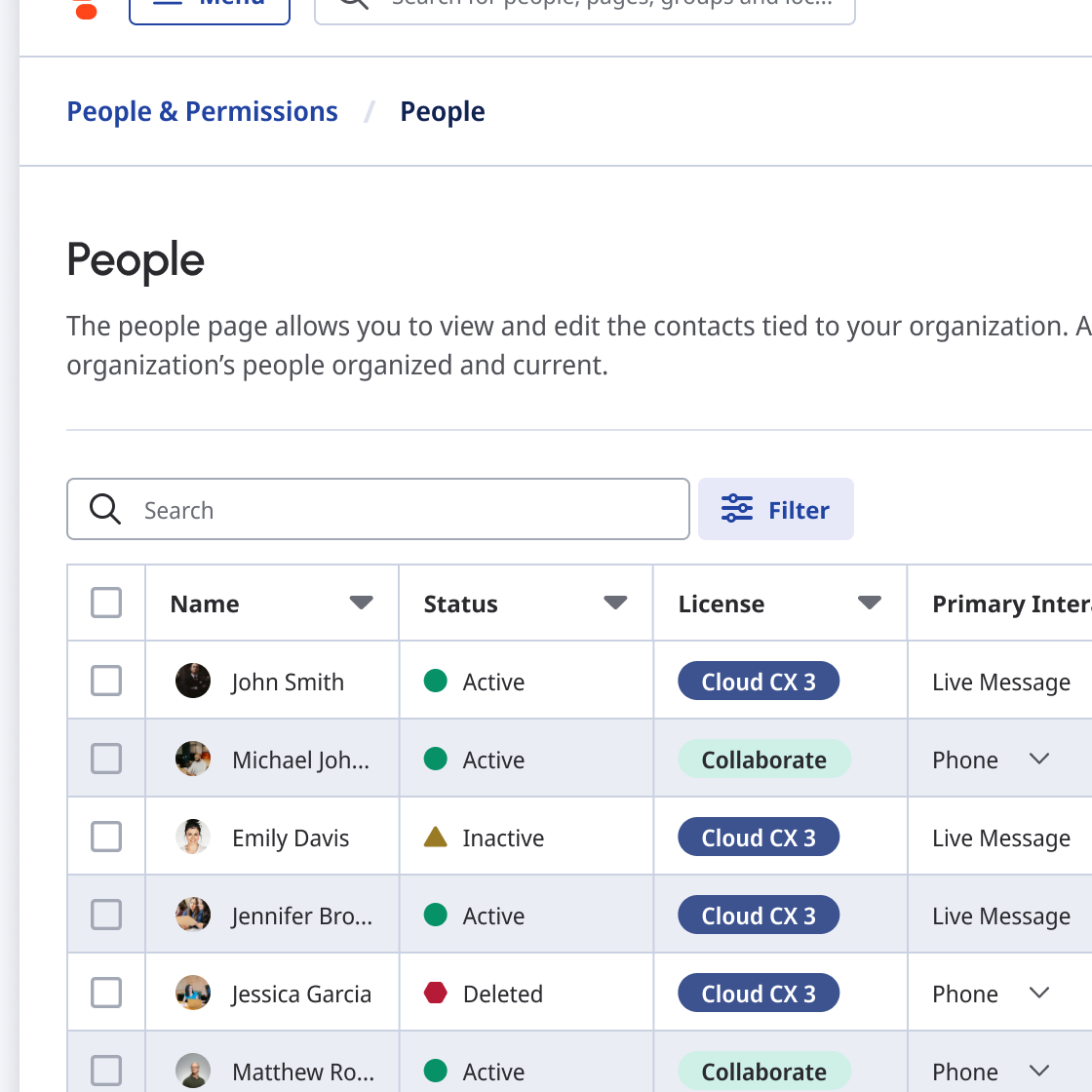 Table with avatars, status indicators and badges. 