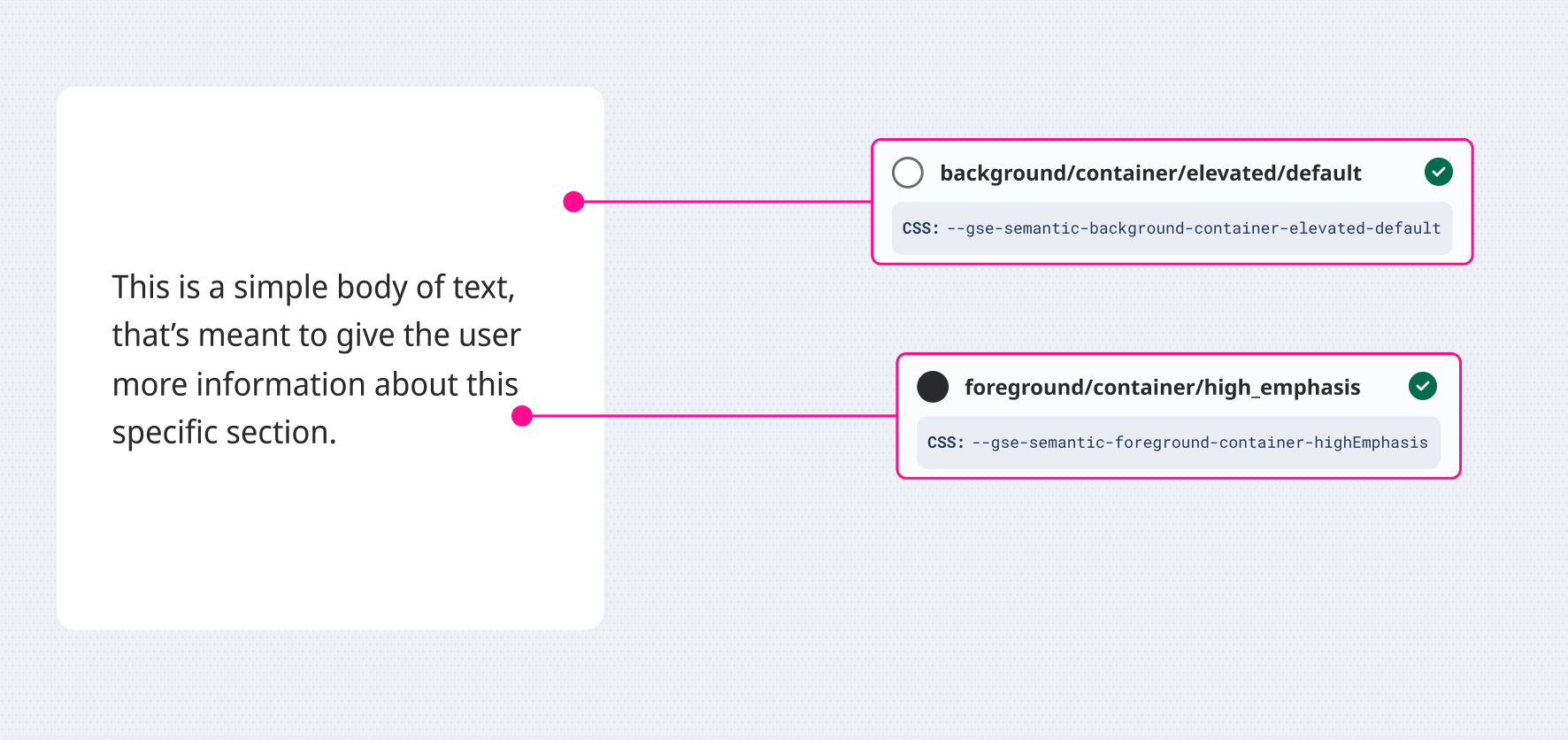 Text block demonstrating semantic color tokens, highlighting that a foreground token is used for text and a background token is used for the background.