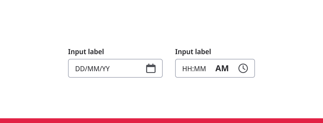 Separate date and time input fields with calendar and clock icon selectors.