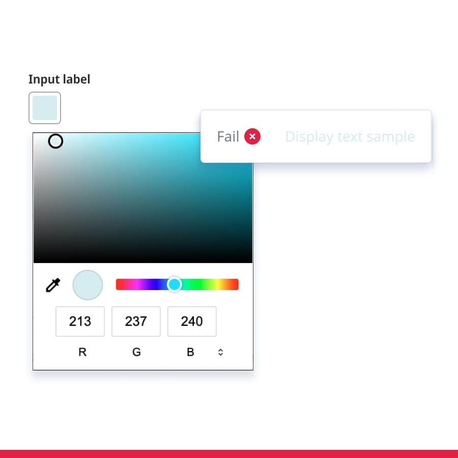 Colour picker with RGB controls and contrast indicator showing fail for the selected colour.