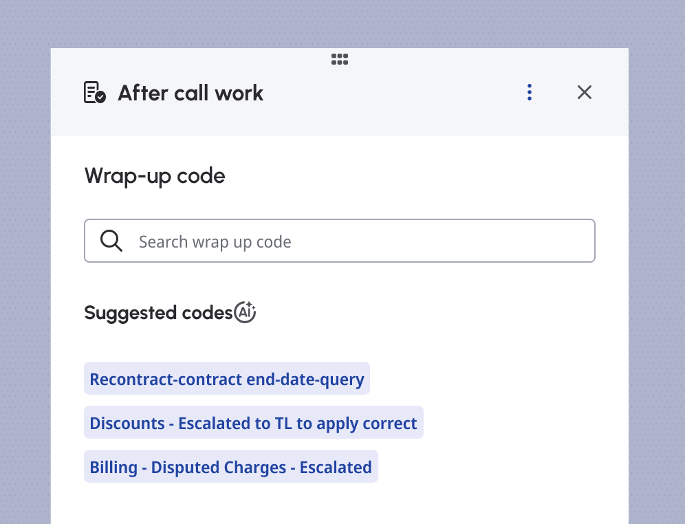 After-call work panel with wrap-up code search and an AI icon indicator to suggest AI-suggested options.