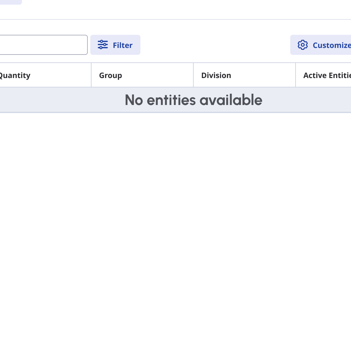 Empty state message stating 'no entities available'. 